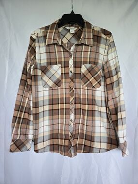 Natural Reflections Brown Tan Cream Plaid Button-Down Shirt